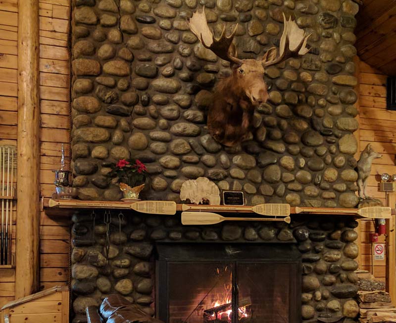 Moose over the fireplace at the lodge