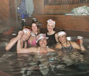 Bachelorette party at brewery hot tub